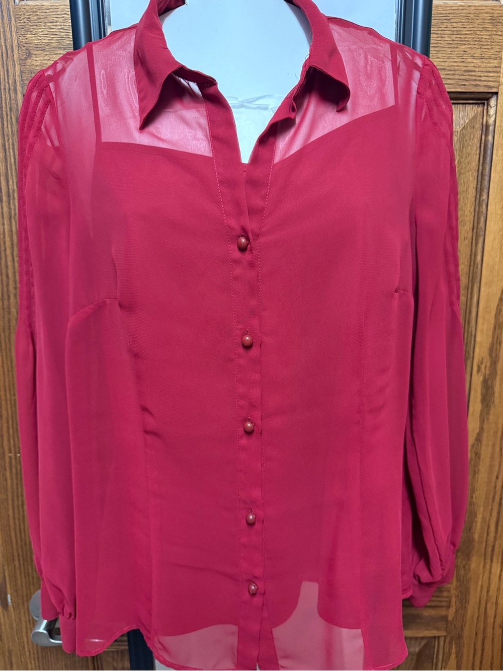 East 5th Cranberry Red Sheer Button-Front Blouse with matching Cami two pieces